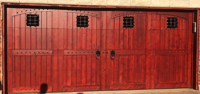 Custom Cedar Garage Door with Decorative Hardware